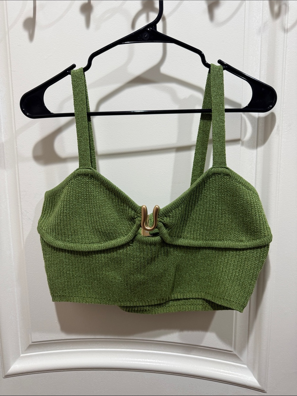 Olive Green Knit Crop Bralette with Gold U-Clasp
